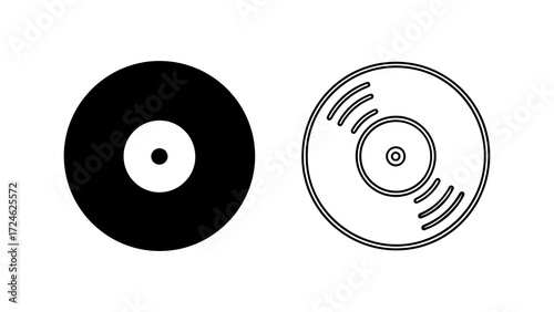 Two vinyl records one black and white outline illustration.