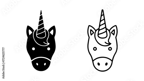 Unicorn head icon in solid and outline style.