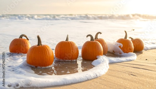 Pumpkins on a beach at sunrise.  Ocean waves wash over the sandy shore, with several small orange pumpkins positioned in the foamy water.  Golden light bathes the scene