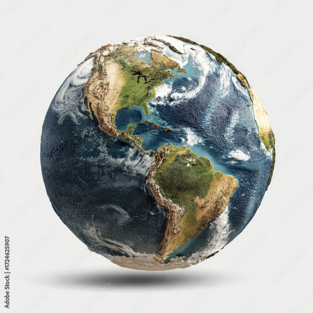 Fototapeta premium Detailed 3D model of Earth, emphasizing continents, oceans, and weather patterns. A realistic representation of the planet, highlighting landmasses, water, and atmospheric effects. 