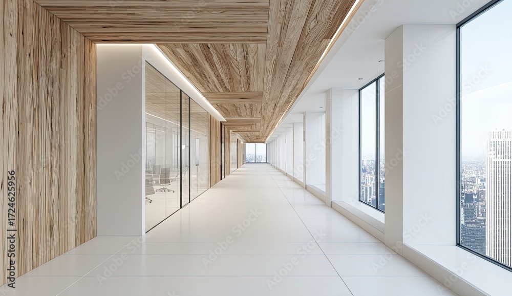 Fototapeta premium Modern, bright office hallway with city view