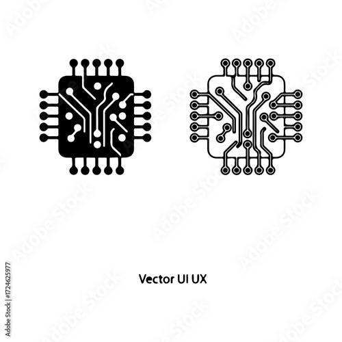 Vector computer processor chip icons in solid and outline styles.