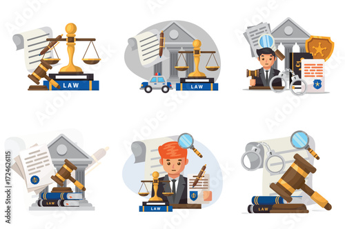 Law illustrations justice legal court crime evidence judge