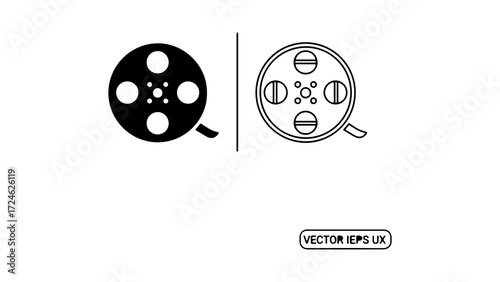 Vintage Film Reel Icon Set Black and White Vector Graphics.
