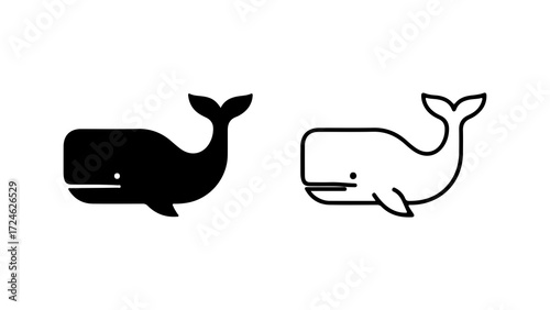 Whale Icons Black Silhouette and Outline Illustration of Marine Mammals.