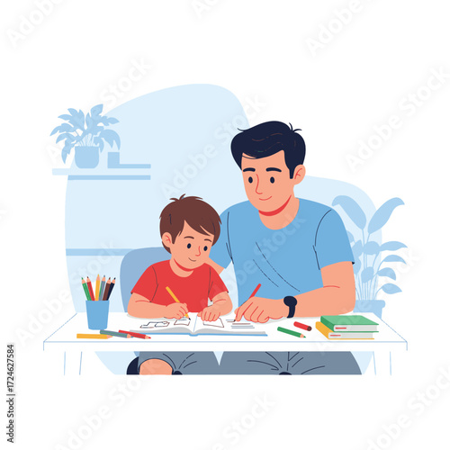 A father patiently guides his young son as they engage in drawing and coloring activities together at a desk, surrounded by art supplies and books.