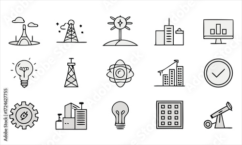 Collection of hand drawn icons representing technology industry and innovation
