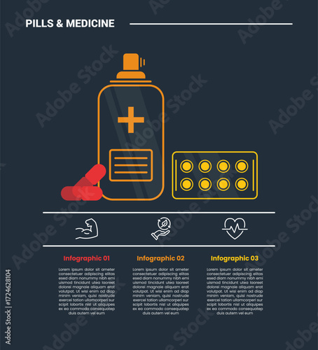pills and medicine infographic process diagram with set collection pills with description at bottom with dark background bright outline style 3 points