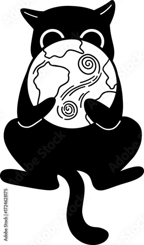 Black cat holding a stylized planet