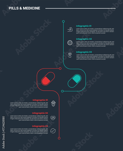 pills and medicine infographic process diagram with vertical tall comparison opposite block with dark background bright outline style 6 points