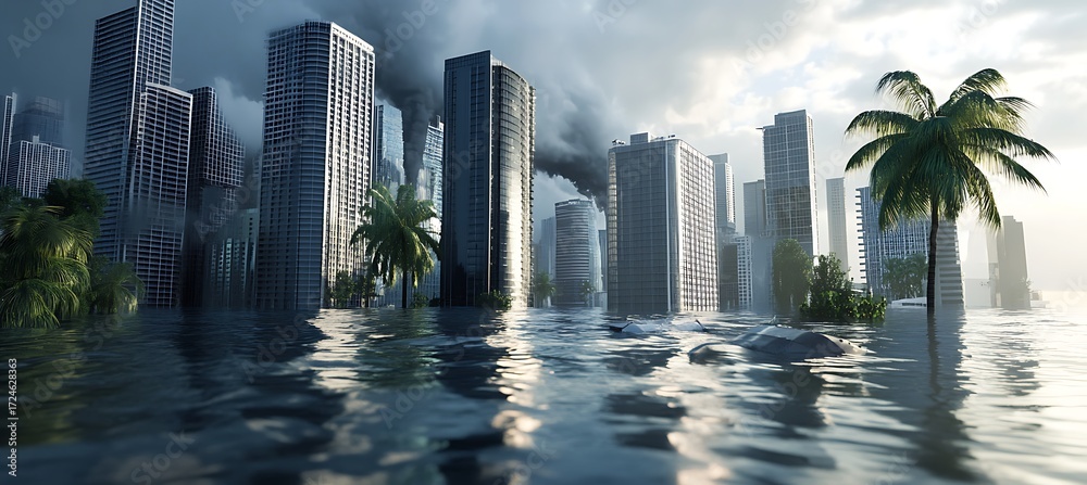Obraz premium Flooded cityscape with palm trees and skyscrapers under stormy skies