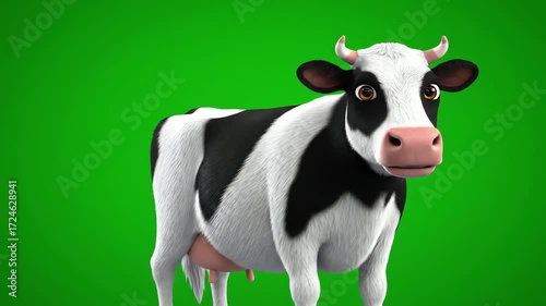 Black and white cow standing in front of a green screen background