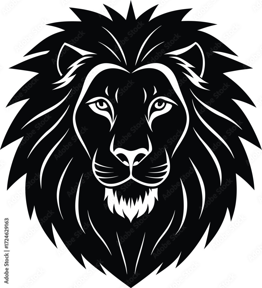 Fototapeta premium Lion Head Vector Illustration in Black and White with Detailed Mane