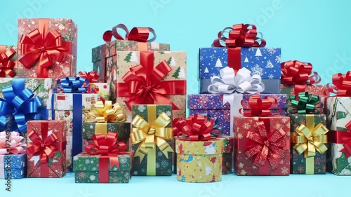 Many colorful Christmas presents piled high