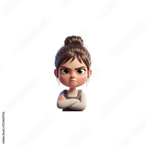 3D Render of Angry Girl with Arms Crossed mad frustrated upset child kid expression emotion face portrait illustration cartoon 3d model