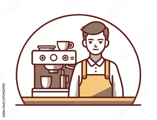 Barista with espresso machine preparing coffee in coffee shop illustration