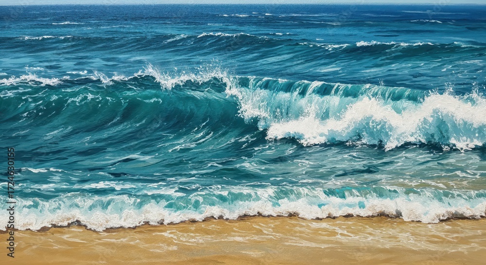 Fototapeta premium Ocean Wave Rolling to the Shore: A scenic illustration of a serene beach, portraying a seamless blend of azure water, a foamy crest of wave gracefully crashing on the golden shore.