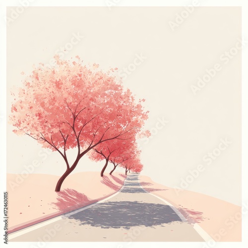 Pink blossom-lined road stretches into a pastel landscape.  Soft shadows fall from the trees onto the road