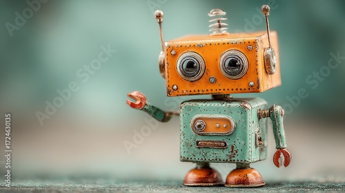 Small toy robot with orange head and turquoise body stands on surface.