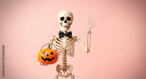 Skeleton with bow tie holding jack o lantern bucket on pink background