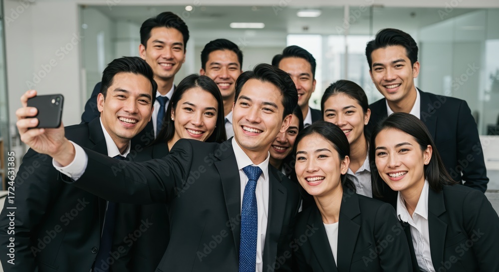 Fototapeta premium Selfie Moment: A group of business professionals in sleek attire capturing a joyful selfie to create moment in their workplace setting, embracing the essence of camaraderie and success.