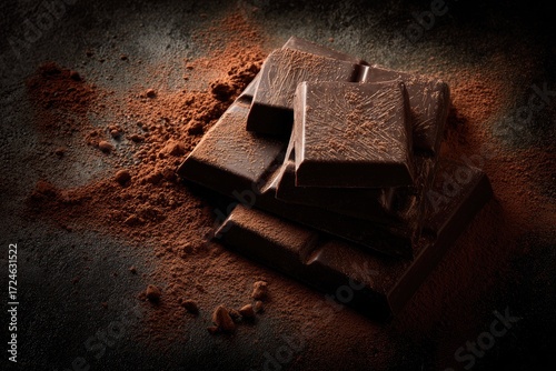 Dark chocolate bars on a dark surface dusted with cocoa powder