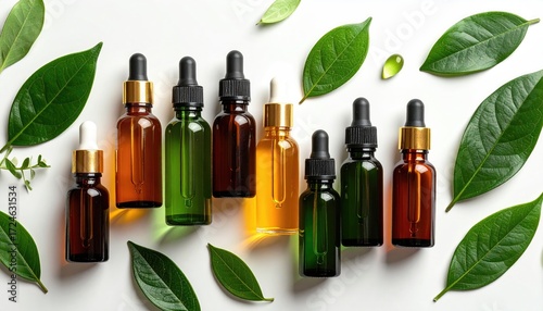 Assorted oil bottles with glass droppers, nestled among vibrant green leaves against a clean, white background, creating a calming aesthetic