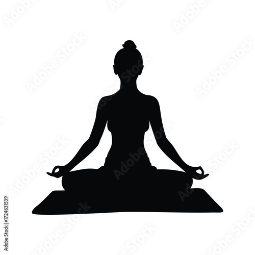 Silhouette of woman in lotus position meditating on mat creating peaceful vibe, woman doing yoga on mat silhouette vector illustration