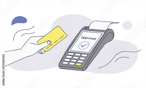 Hand holding credit card for contactless payment at a terminal with approval screen