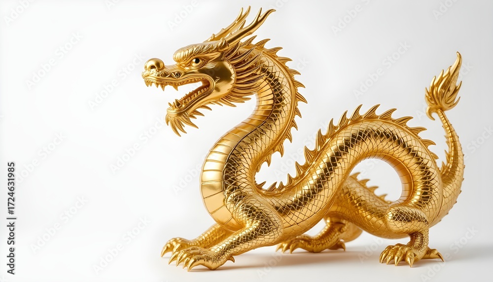Obraz premium Elegant golden dragon statue with intricate details isolated on white background, a symbol of fortune