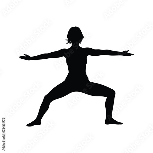 Silhouette of a woman performing the Warrior II yoga pose on white, woman in warrior pose silhouette vector illustration