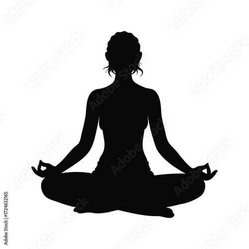 Silhouette of a Woman in Lotus Position Practicing Meditation for Wellness, woman meditating crosslegged silhouette vector illustration