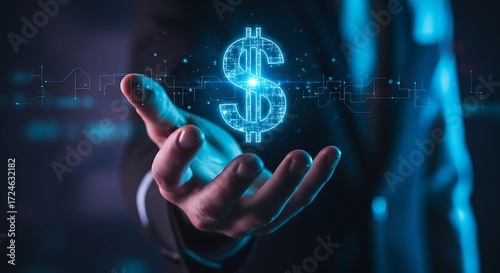 Glowing digital dollar symbol over open hand digital currency