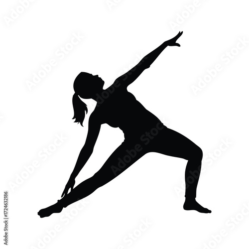 Silhouette of a woman in extended triangle pose, demonstrating yoga posture, woman stretching side body silhouette vector illustration