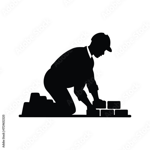 Silhouette of construction worker laying bricks on his knees with hardhat, worker laying bricks silhouette vector illustration