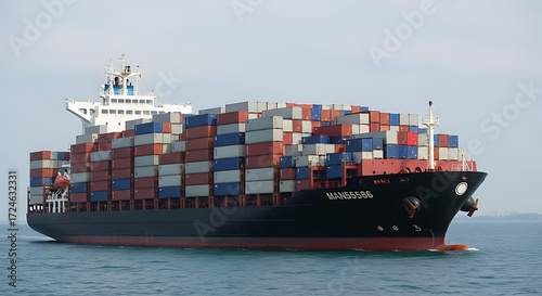 A large cargo ship, filled with containers, traverses the open waters.
