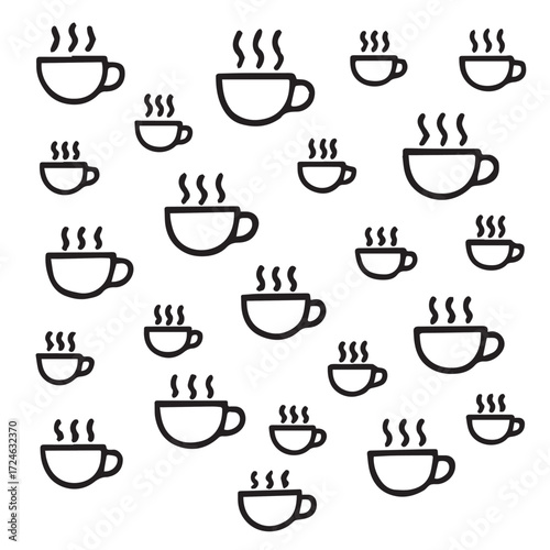 Creative background featuring coffee cup icons with black outline hot drink symbols in various sizes on white backdrop perfect for cafes restaurants menus posters and beverage projects