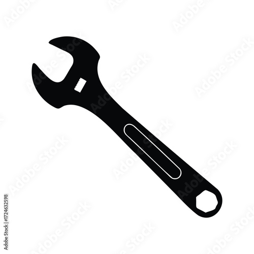 Simple black and white illustration of an adjustable wrench for mechanical tasks, wrench silhouette vector illustration