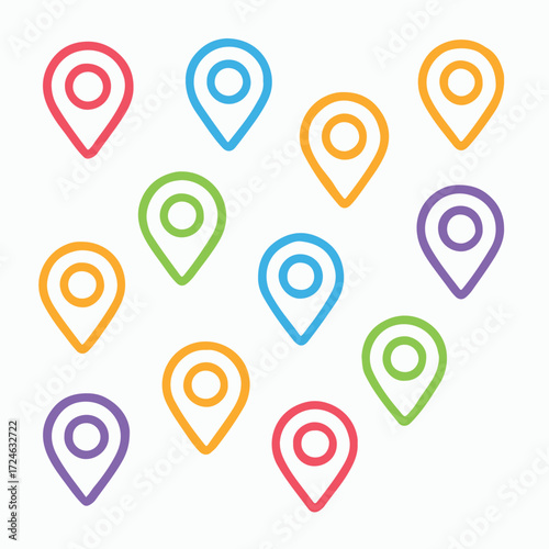 Creative background design featuring colorful location icons with map pin symbols in red blue green orange and purple on white backdrop perfect for maps navigation apps and projects
