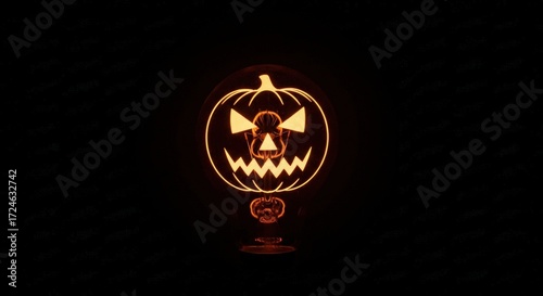 Glowing halloween pumpkin face inside a lightbulb against a dark background