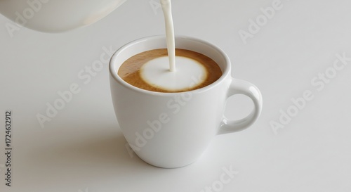 白いカップに注ぐ滑らかなミルク、柔らかな光が輝くカフェラテ. AI Generated