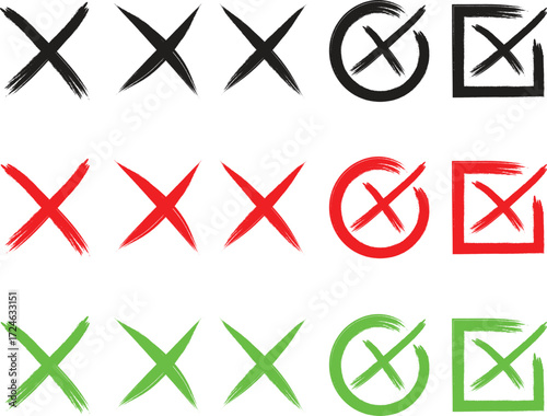 Set of 15 cross icons button vector, Red Green Black circle square collection, wrong incorrect cancel reject no wrong