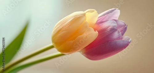 Two vibrant tulips one yellow and one purple stand tall against a soft blurred background