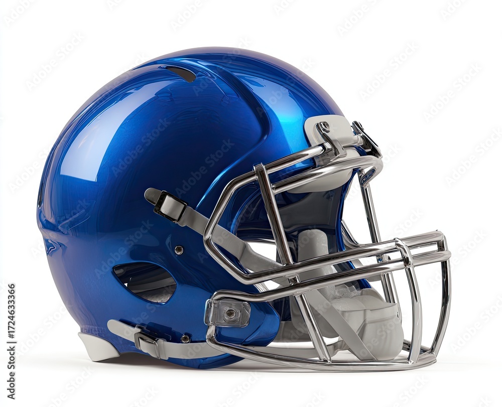 Fototapeta premium Glossy blue football helmet, side view, with chrome facemask