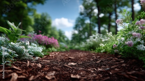 Close Up of Mulch Soil Path with Wildflowers in Lush Green Forest Cinematic HDR Texture