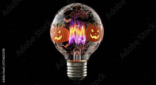 Halloween themed lightbulb with pumpkins and spiderwebs on black background