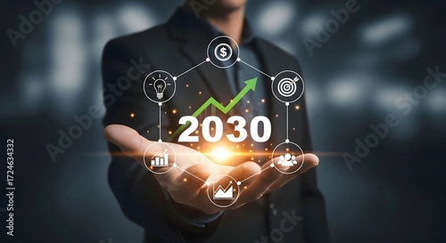A person holding the year 2030 with an upward arrow and icons representing business growth on hand