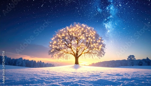 Illuminated tree stands on snowy landscape under a star-filled sky at twilight, creating a serene and enchanting winter scene