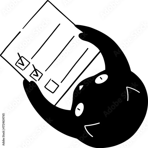 Black cat holds checklist two items checked