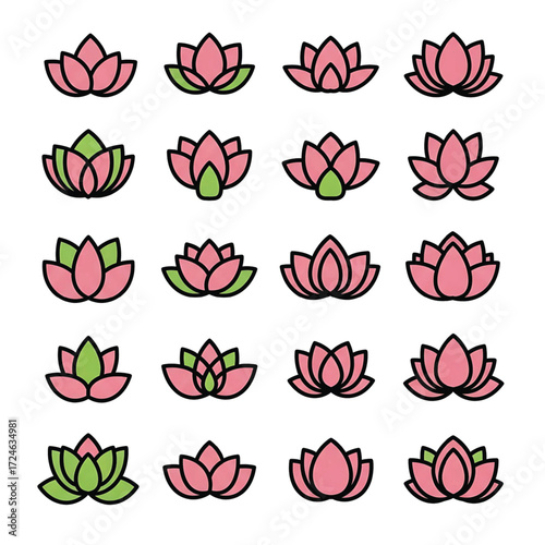 A collection of stylized, minimalist lotus flower icons in various pink and green color variations, presented in a grid layout.
